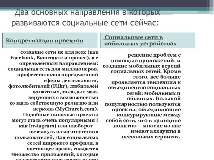 Два основных направления в которых развиваются социальные сети сейчас: Конкретизация проектов