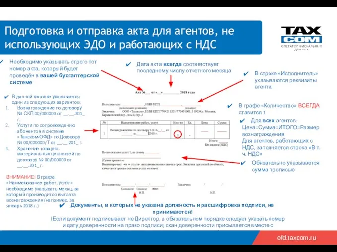 2019 ofd.taxcom.ru В графе «Количество» ВСЕГДА ставится 1 В строке «Исполнитель»