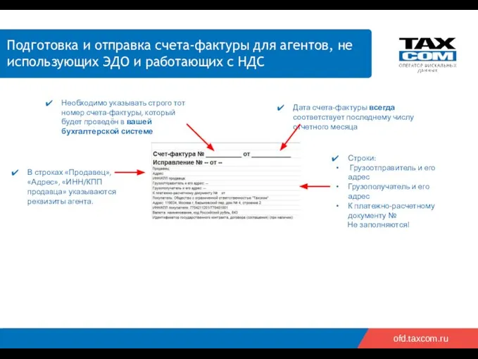 2018 2019 ofd.taxcom.ru Подготовка и отправка счета-фактуры для агентов, не использующих