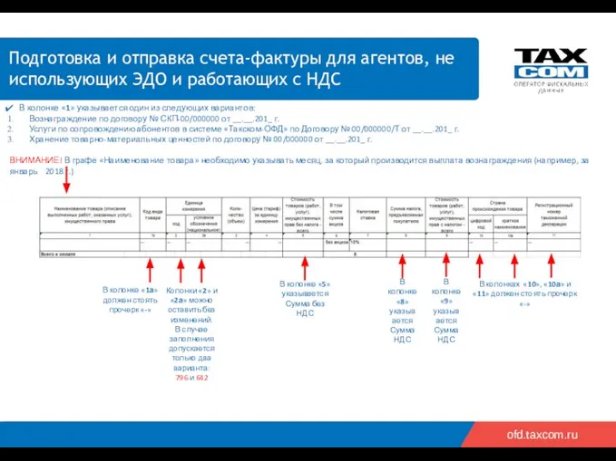 ofd.taxcom.ru Подготовка и отправка счета-фактуры для агентов, не использующих ЭДО и