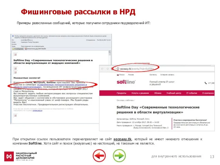 для внутреннего использования Фишинговые рассылки в НРД Примеры разосланных сообщений, которые