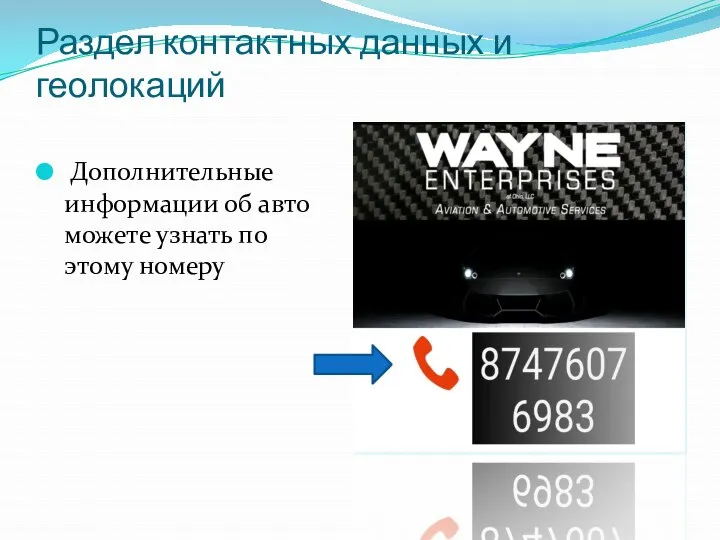 Раздел контактных данных и геолокаций Дополнительные информации об авто можете узнать по этому номеру