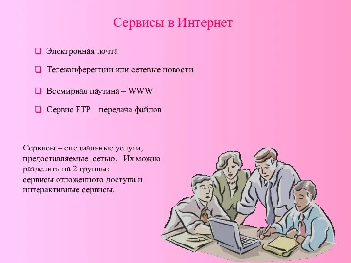 Электронная почта Телеконференции или сетевые новости Всемирная паутина – WWW Сервис