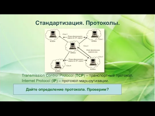 Стандартизация. Протоколы. Transmission Control Protocol (TCP) – транспортный протокол. Internet Protocol
