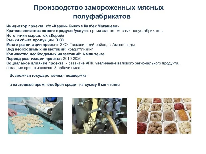 Производство замороженных мясных полуфабрикатов Инициатор проекта: к/х «Керей» Киясов Казбек Мукашевич