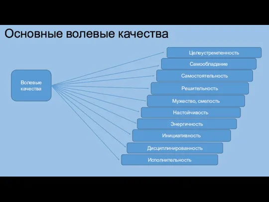 Основные волевые качества Целеустремленность Самообладание Самостоятельность Решительность Мужество, смелость Настойчивость Дисциплинированность Энергичность Инициативность Волевые качества Исполнительность