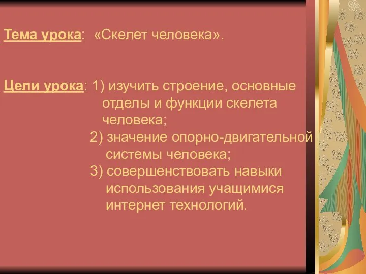 Тема урока: «Скелет человека». Цели урока: 1) изучить строение, основные отделы