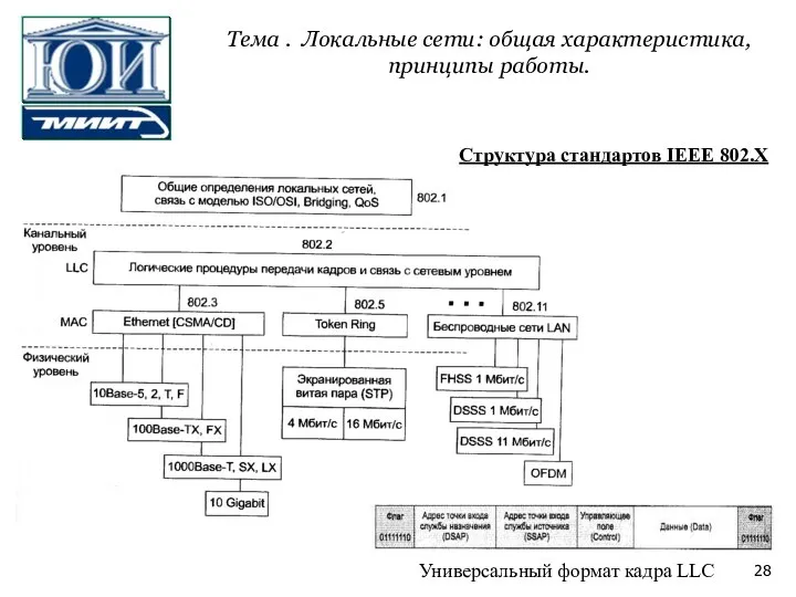 Структура стандартов IEEE 802.X Универсальный формат кадра LLC Тема . Локальные сети: общая характеристика, принципы работы.