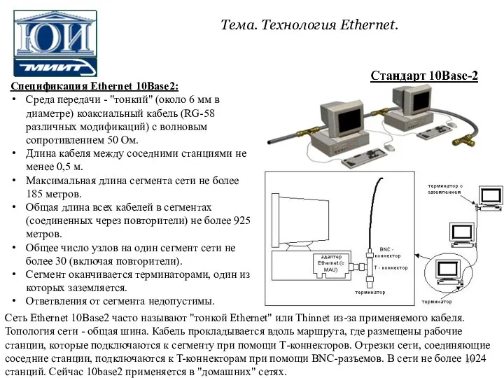 Спецификация Ethernet 10Base2: Среда передачи - "тонкий" (около 6 мм в