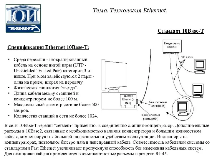 Спецификация Ethernet 10Base-T: Среда передачи - неэкранированный кабель на основе витой