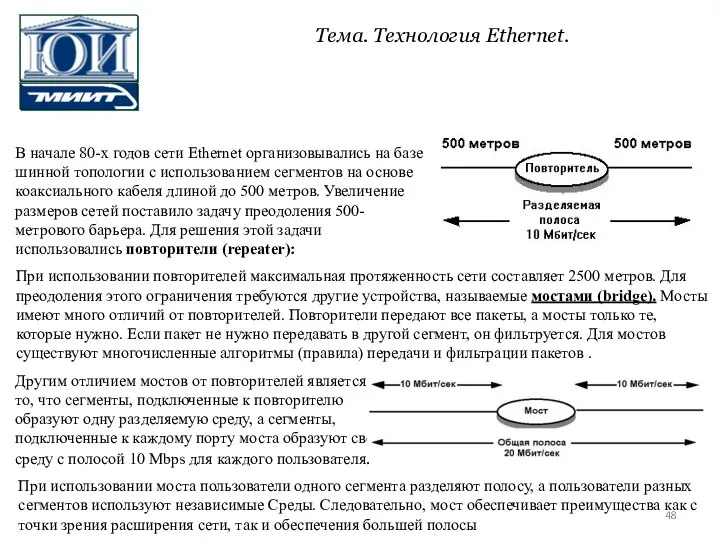 В начале 80-х годов сети Ethernet организовывались на базе шинной топологии