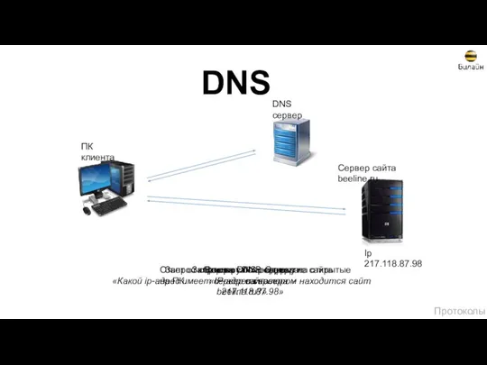 DNS Протоколы Ip 217.118.87.98 Запрос на DNS-сервер: «Какой ip-адрес имеет сервер