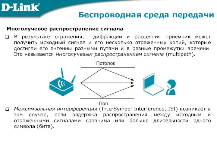 Многолучевое распространение сигнала В результате отражения, дифракции и рассеяния приемник может