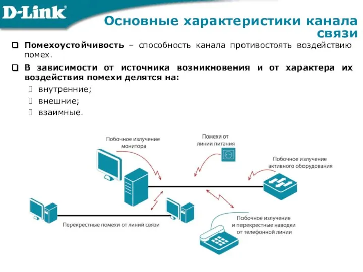 Помехоустойчивость – способность канала противостоять воздействию помех. В зависимости от источника