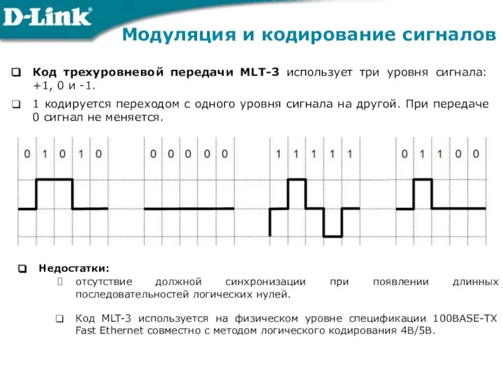 Код трехуровневой передачи МLТ-3 использует три уровня сигнала: +1, 0 и