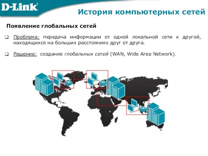 Появление глобальных сетей Проблема: передача информации от одной локальной сети к