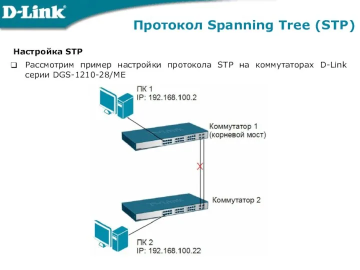 Протокол Spanning Tree (STP) Настройка STP Рассмотрим пример настройки протокола STP на коммутаторах D-Link серии DGS-1210-28/ME