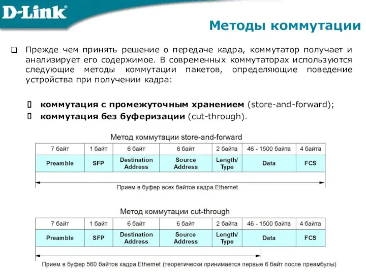 Методы коммутации Прежде чем принять решение о передаче кадра, коммутатор получает