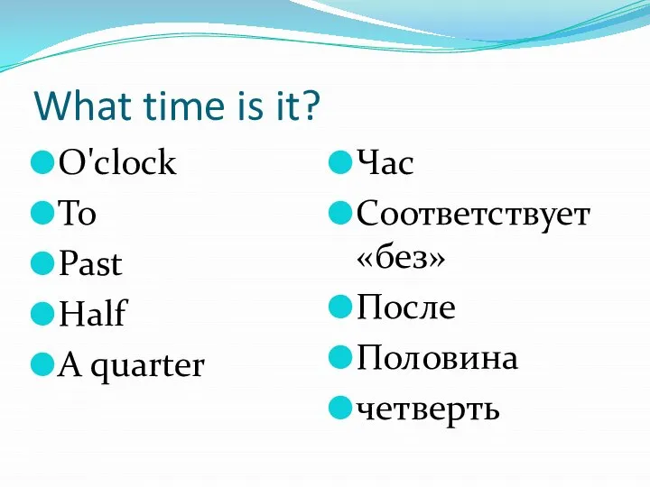 What time is it? O'clock To Past Half A quarter Час Соответствует «без» После Половина четверть