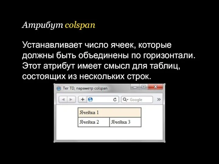 Атрибут colspan Устанавливает число ячеек, которые должны быть объединены по горизонтали.