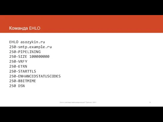 Команда EHLO EHLO asozykin.ru 250-smtp.example.ru 250-PIPELINING 250-SIZE 100000000 250-VRFY 250-ETRN 250-STARTTLS