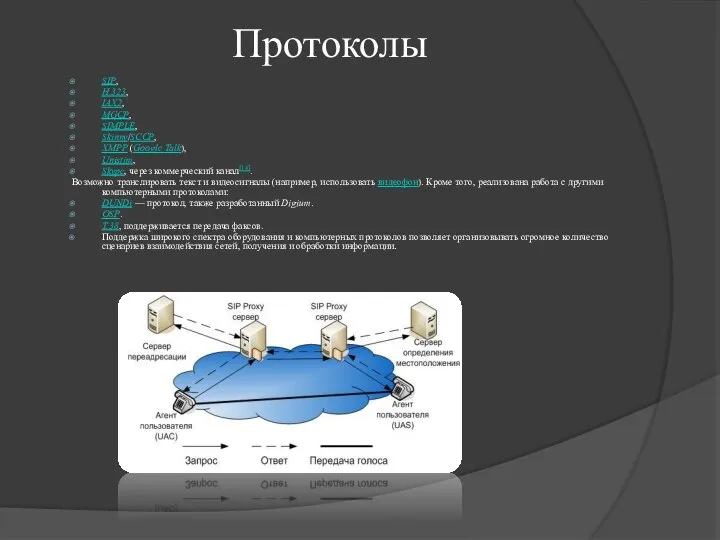 Протоколы SIP, H.323, IAX2, MGCP, SIMPLE, Skinny/SCCP, XMPP (Google Talk), Unistim,