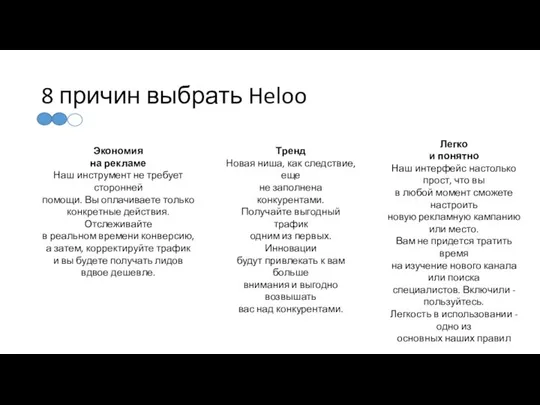 8 причин выбрать Heloo Экономия на рекламе Наш инструмент не требует