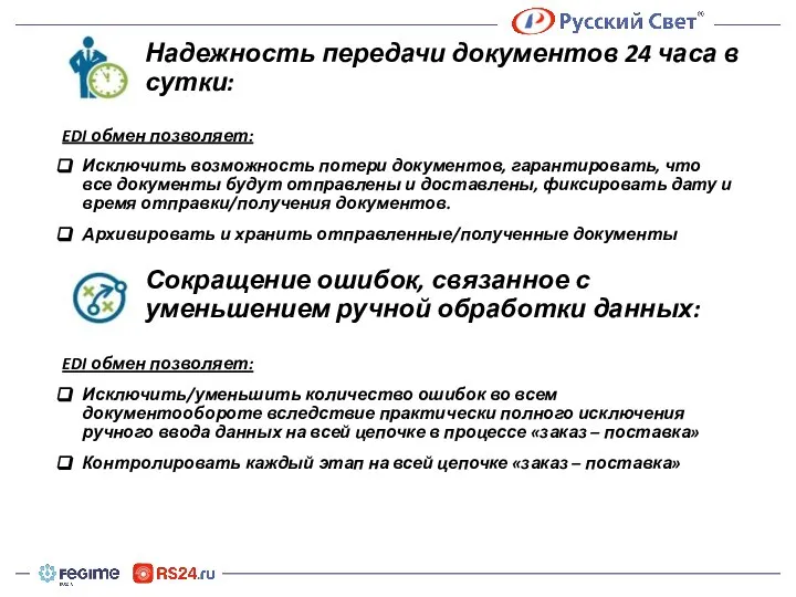 Надежность передачи документов 24 часа в сутки: EDI обмен позволяет: Исключить