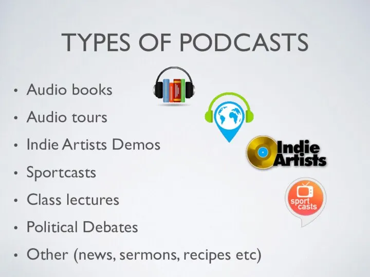 TYPES OF PODCASTS Audio books Audio tours Indie Artists Demos Sportcasts