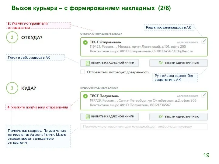 Вызов курьера – с формированием накладных (2/6) 3. Укажите отправителя отправления