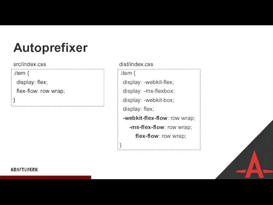 Autoprefixer .item { display: flex; flex-flow: row wrap; } .item {