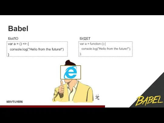 Babel var a = () => { console.log("Hello from the future!")