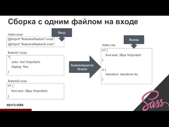 Сборка с одним файлом на входе @import "features/feature1.scss"; @import "features/feature2.scss"; h1