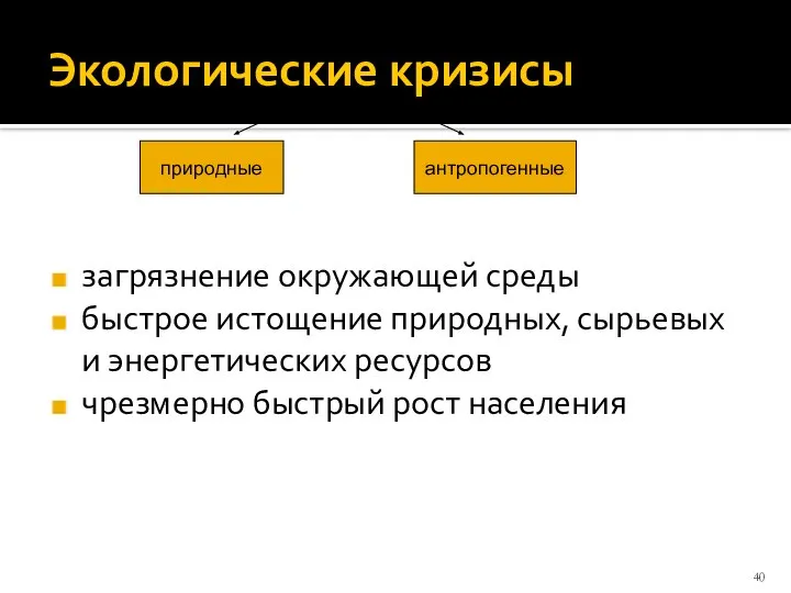 Экологические кризисы загрязнение окружающей среды быстрое истощение природных, сырьевых и энергетических