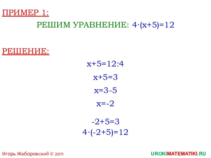 Игорь Жаборовский © 2011 UROKIMATEMATIKI.RU ПРИМЕР 1: РЕШИМ УРАВНЕНИЕ: 4∙(x+5)=12 РЕШЕНИЕ: