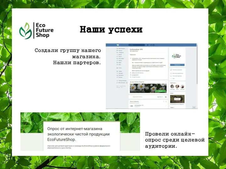 1 2 3 Наши успехи Провели онлайн-опрос среди целевой аудитории. Создали группу нашего магазина. Нашли партеров.