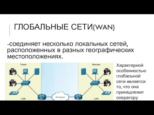 ГЛОБАЛЬНЫЕ СЕТИ(WAN) -соединяет несколько локальных сетей, расположенных в разных географических местоположениях.