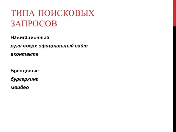 ТИПА ПОИСКОВЫХ ЗАПРОСОВ Навигационные руки вверх официальный сайт вконтакте Брендовые бургеркинг мвидео