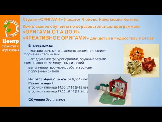 Студия «ОРИГАМИ» (педагог Любовь Николаевна Кожина) Комплексное обучение по образовательным программам: