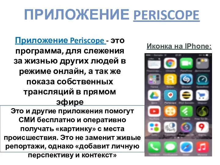 ПРИЛОЖЕНИЕ PERISCOPE Приложение Periscope - это программа, для слежения за жизнью