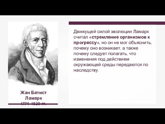 Жан Батист Ламарк 1774–1829 гг. Движущей силой эволюции Ламарк считал «стремление