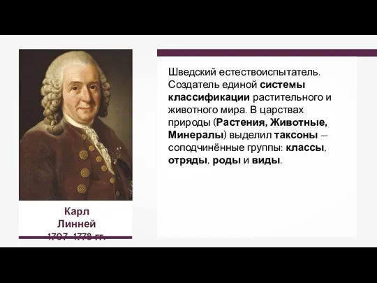 Карл Линней 1707–1778 гг. Шведский естествоиспытатель. Создатель единой системы классификации растительного