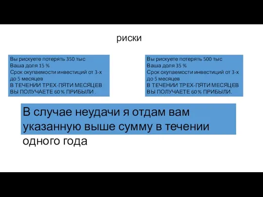 риски Вы рискуете потерять 350 тыс Ваша доля 15 % Срок