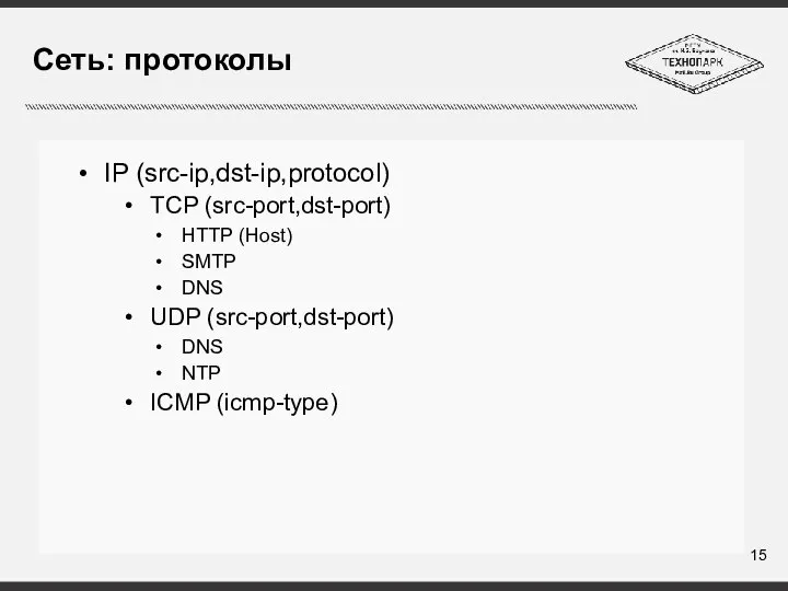 Сеть: протоколы IP (src-ip,dst-ip,protocol) TCP (src-port,dst-port) HTTP (Host) SMTP DNS UDP (src-port,dst-port) DNS NTP ICMP (icmp-type)