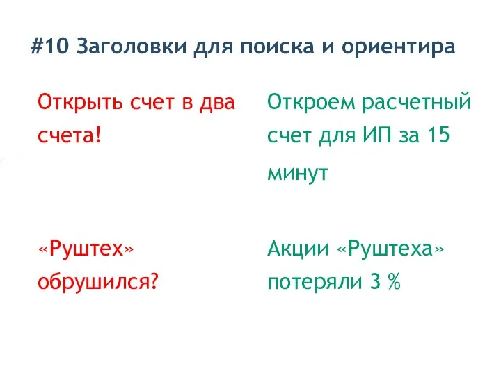 #10 Заголовки для поиска и ориентира Открыть счет в два счета!