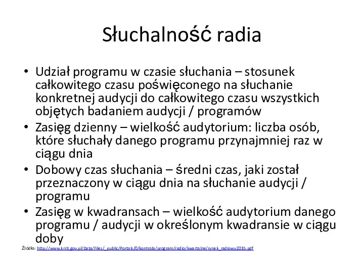 Słuchalność radia Udział programu w czasie słuchania – stosunek całkowitego czasu