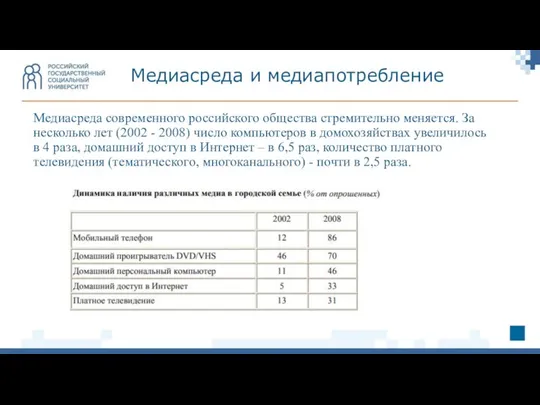 Медиасреда современного российского общества стремительно меняется. За несколько лет (2002 -