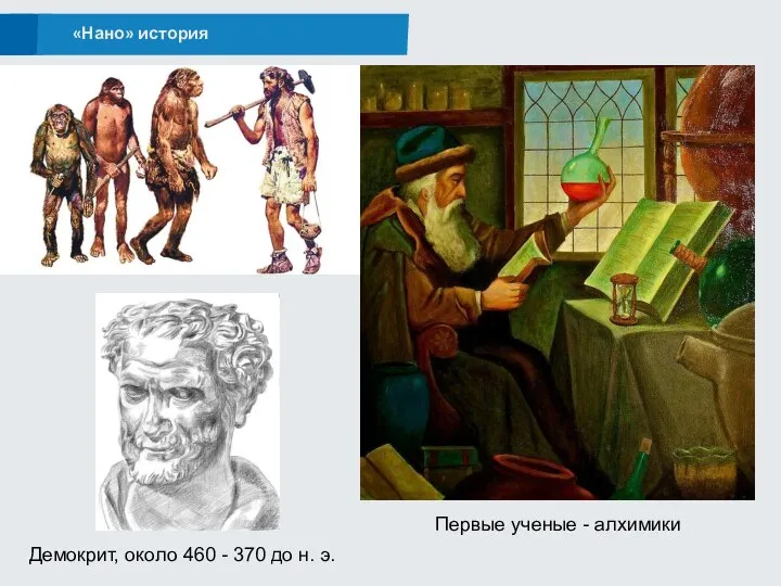 «Нано» история Демокрит, около 460 - 370 до н. э. Первые ученые - алхимики
