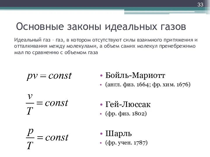 Основные законы идеальных газов Бойль-Мариотт (англ. физ. 1664; фр. хим. 1676)