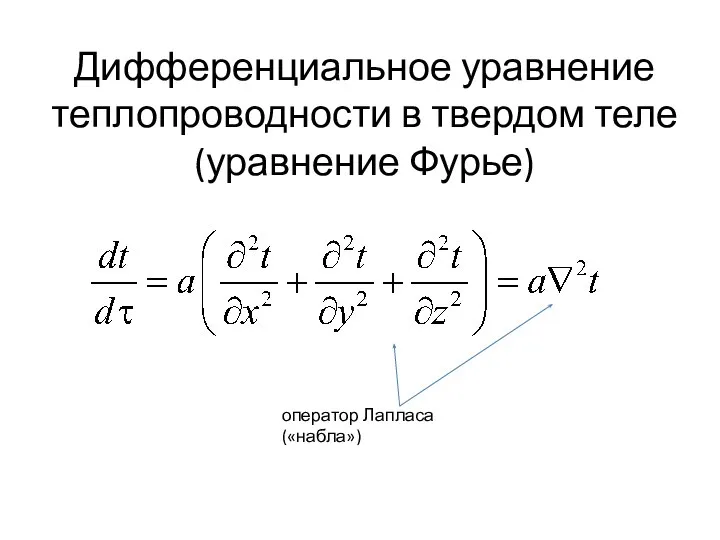 Дифференциальное уравнение теплопроводности в твердом теле (уравнение Фурье) оператор Лапласа («набла»)